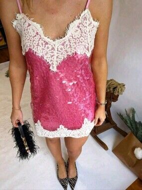Women's Sequin Lace Trim Slip Dress, Spaghetti Strap V-Neck Mini Dress, Summer F